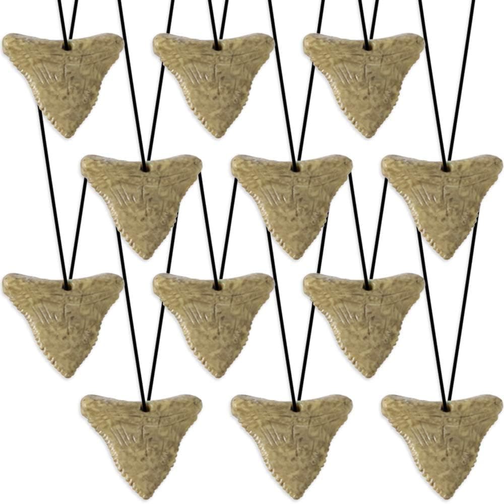 ArtCreativity Prehistoric Shark Tooth Necklaces, Set of 12, Rubber Shark Tooth with a Striking Aged Look, Shark and Dinosaur Party Favors for Kids, Fun Goodie Bag Fillers for Boys and Girls