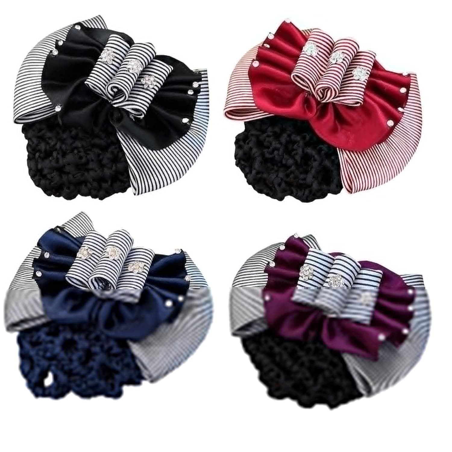 4PCS Vintage Bow Hair Clips With Net, Snood Net Hair Clip Bun Bow Headdress Bowknot For Lady Women Dance, Office, halloween(Purple, red, black, navy blue)