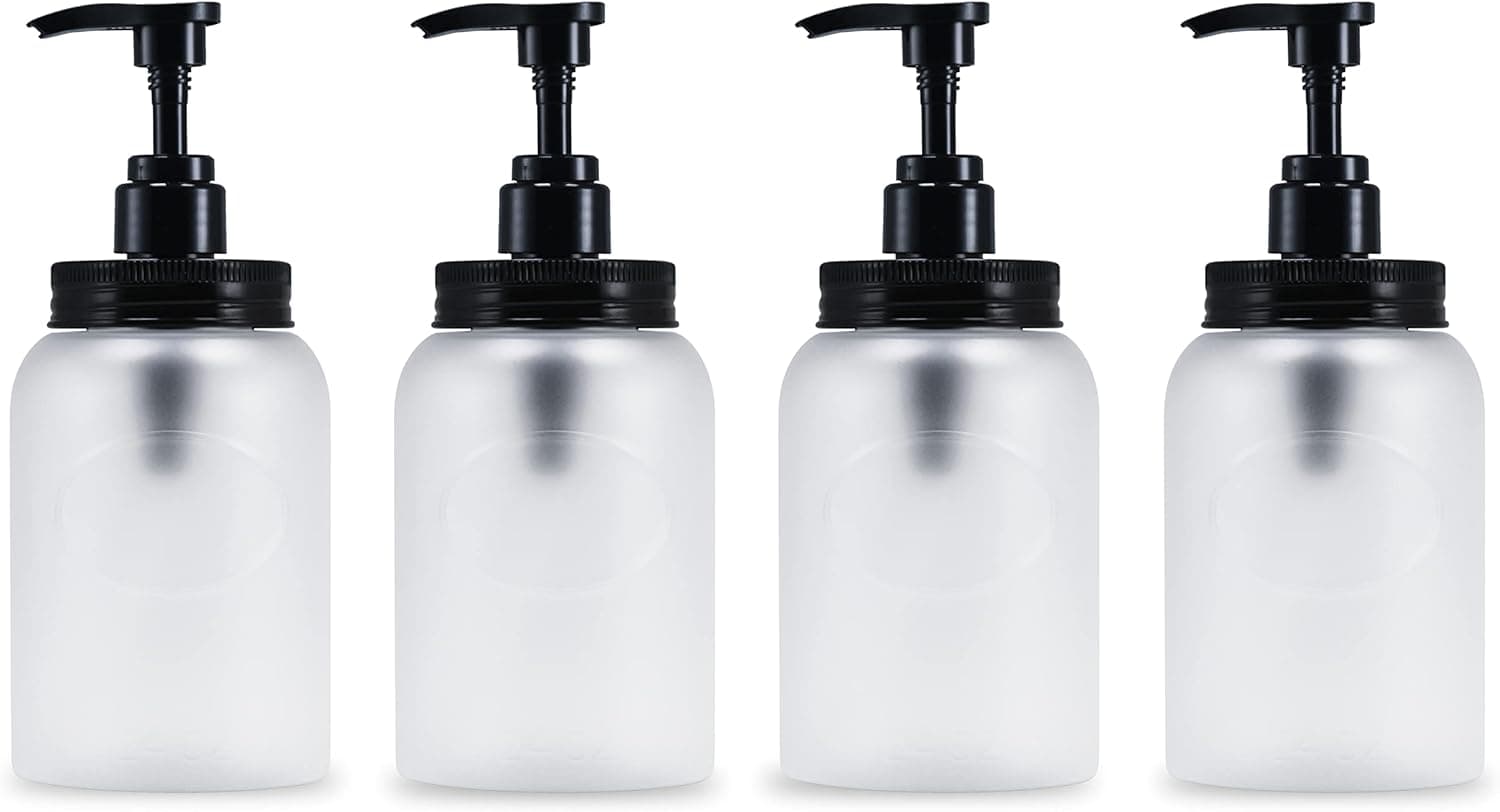 Bottiful Home-24 oz Plastic Refillable Wide-Mouth Jar Style Pump Bottle Dispenser Set of 4 for Shampoo, Conditioner, Wash, Soap, Lotion, Dish Soap, Sanitizer, Detergent (Frosted Clear)
