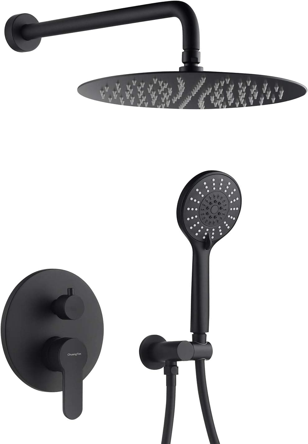 Shower Faucet Set Complete Matte Black Shower System 12" Rainfall Shower Head with 5 Setting Headheld Shower Head Fixtures, Shower Faucet Fixture Combo Set Rough-in Valve Body and Trim Included