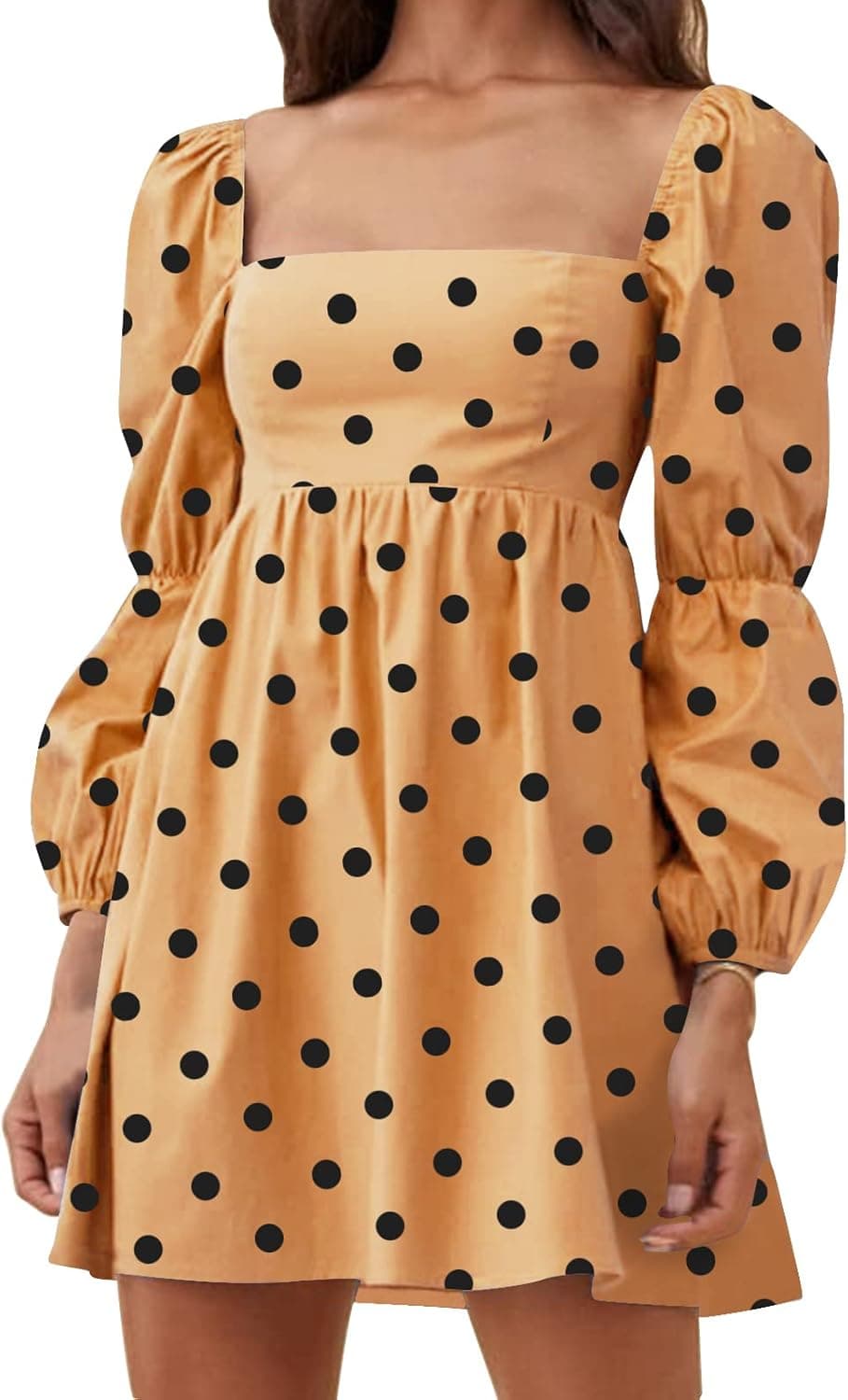 EXLURA Womens Square Neck Dress Long Puff Sleeve A-Line Casual Short Mini Dress