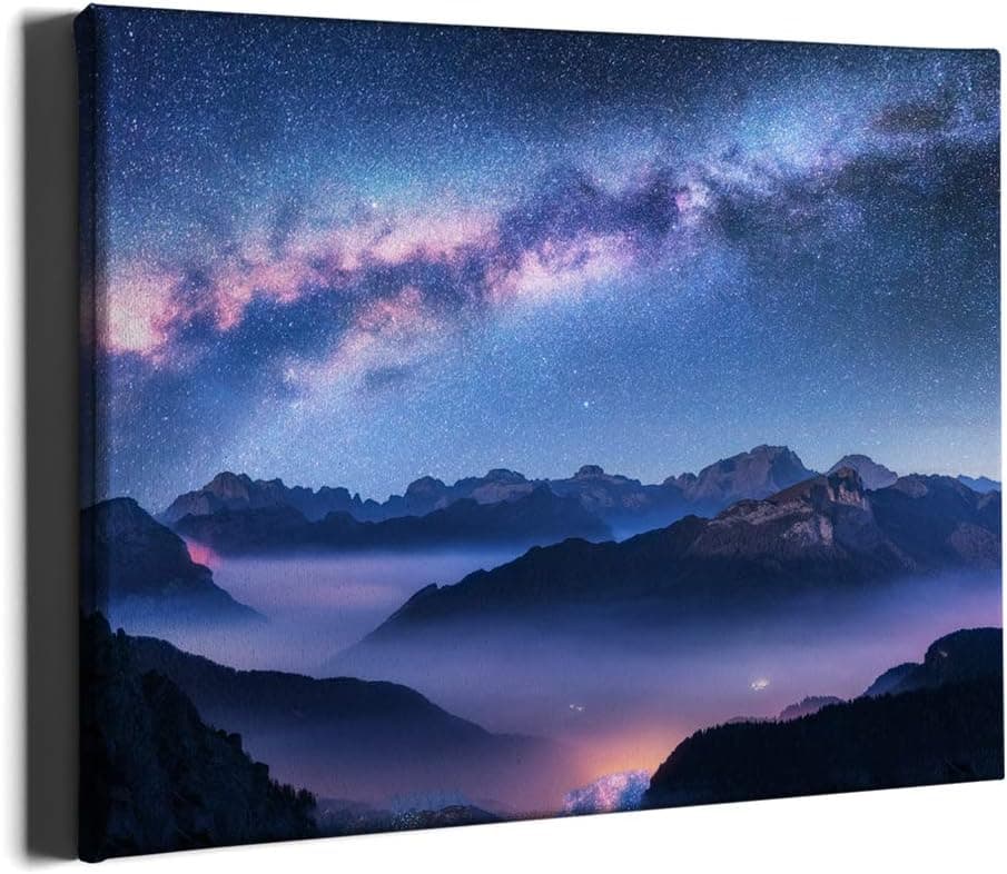 PKONE Milky Way Canvas Framed Wall Art Decor Mountain Landscape Painting Night Sky Artwork Print for Bedroom Living Room Home Decoration 16x12 Inches