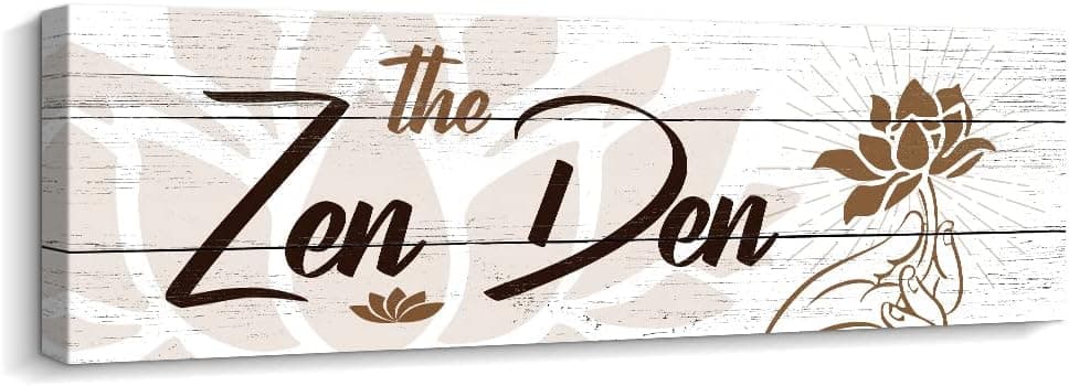 Kas Home Zen Decor, The Zen Den Lotus Sign Farmhouse Meditation Spiritual Wall Decor Inspirational Quote Canvas Wall Art Framed Hanging Decoration for Yoga Studio Bedroom (5.5 X 16.5 inch, White - Zen)