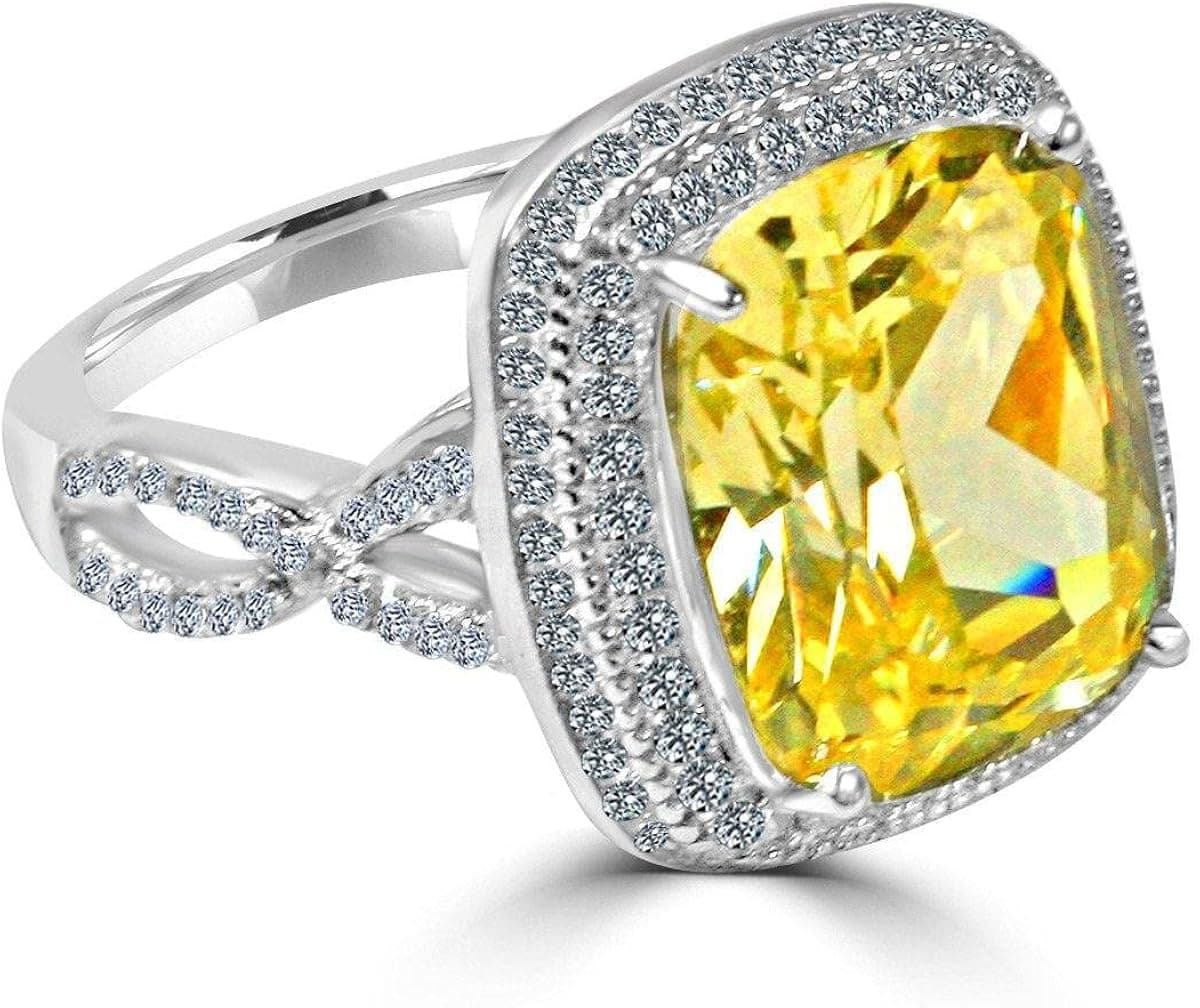 Diamond Veneer - 6 CT. (10x12mm) Emerald Cushion Radiant Center w/Halo Pave Set Sterling Silver w/Rhodium Electro-Plate Ring