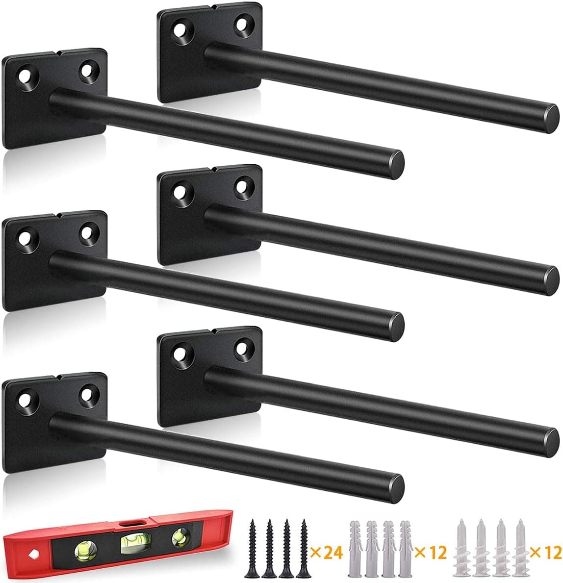 Floating Shelf Brackets 8 Inch - Blind Shelf Brackets Heavy Duty Wall Shelf Brackets, Solid Steel Hidden Shelf Supports with Spirit Level and Hardware for Custom Wood Shelves (6 Pack)