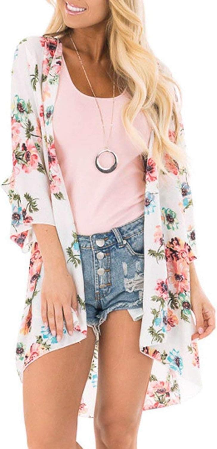 Women's Sheer Chiffon Blouse Loose Tops Kimono Floral Print Cardigan White S