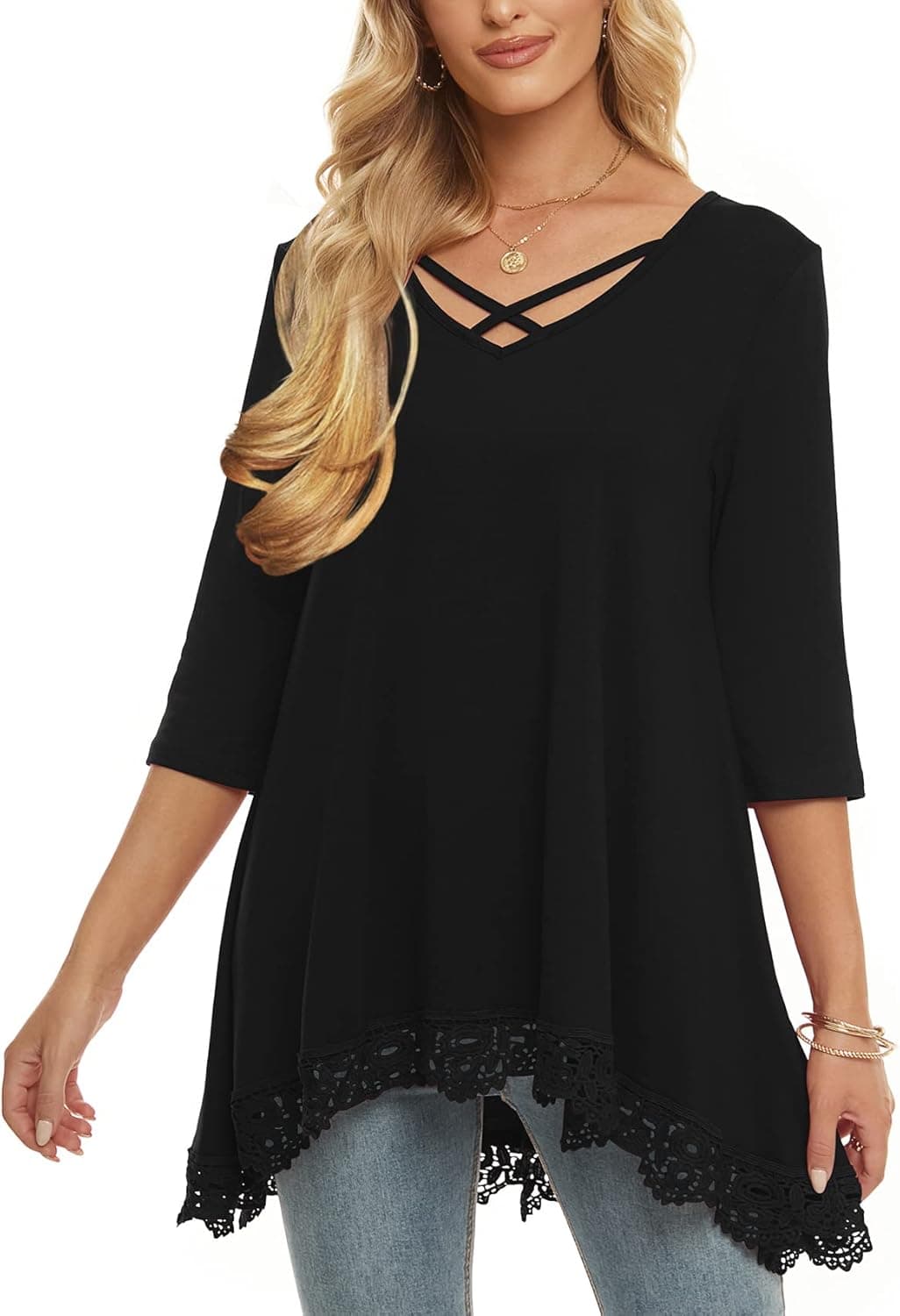 Womens Tops 3/4 Sleeve Shirts V Neck Criss Cross T Shirts Casual Tunic Loose Blouse
