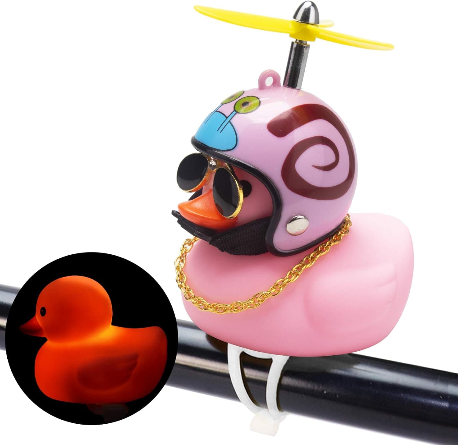 wonuu Rubber Duck Car Ornaments Pink Duck Bike Bell Cute Duck Car Dashboard Decorations Squeeze Duck Bicycle Horns with Propeller Helmet, Bandage and Gold Chain