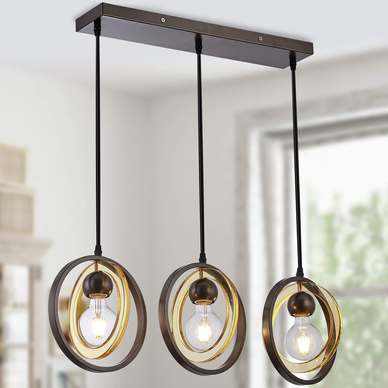 3-Light Modern Pendant Lighting for Kitchen Island, Hanging Ceiling Light Fixture with Acrylic Ring Lampshade, Farmhouse Chandelier for Dining Room and Bar