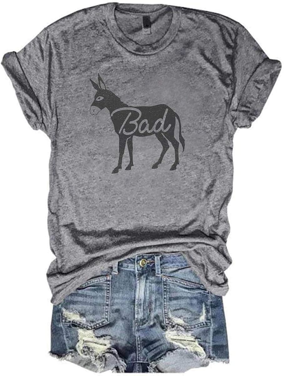 Funny Graphic T-Shirt Women's Summer Short-Sleeved Casual Cute Retro Donkey Print Tee Tops