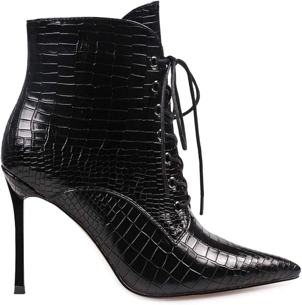 wetkiss Women Ankle Booties Mid-Calf Stiletto Boots Embossed Pointed High Heel Lace Up Dress Lady Short Booties
