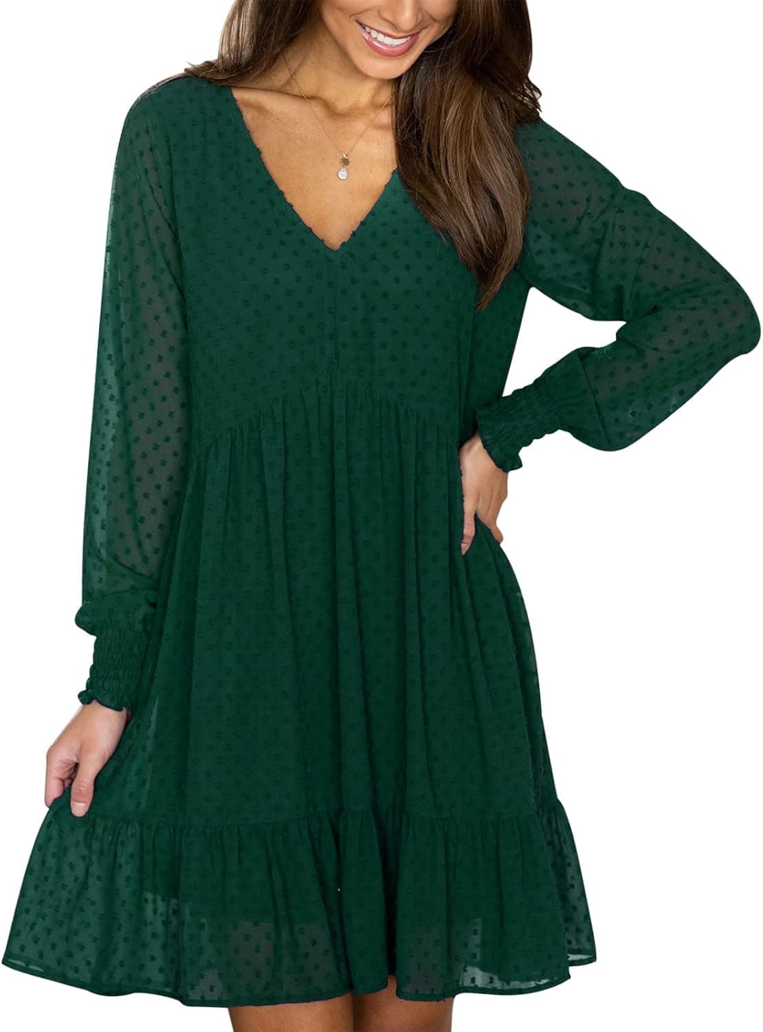 FAMITION Womens Swiss Dot Dress Long Sleeve V Neck Tunic Dress Casual Flowy Ruffle Swing Chiffon Mini Dresses