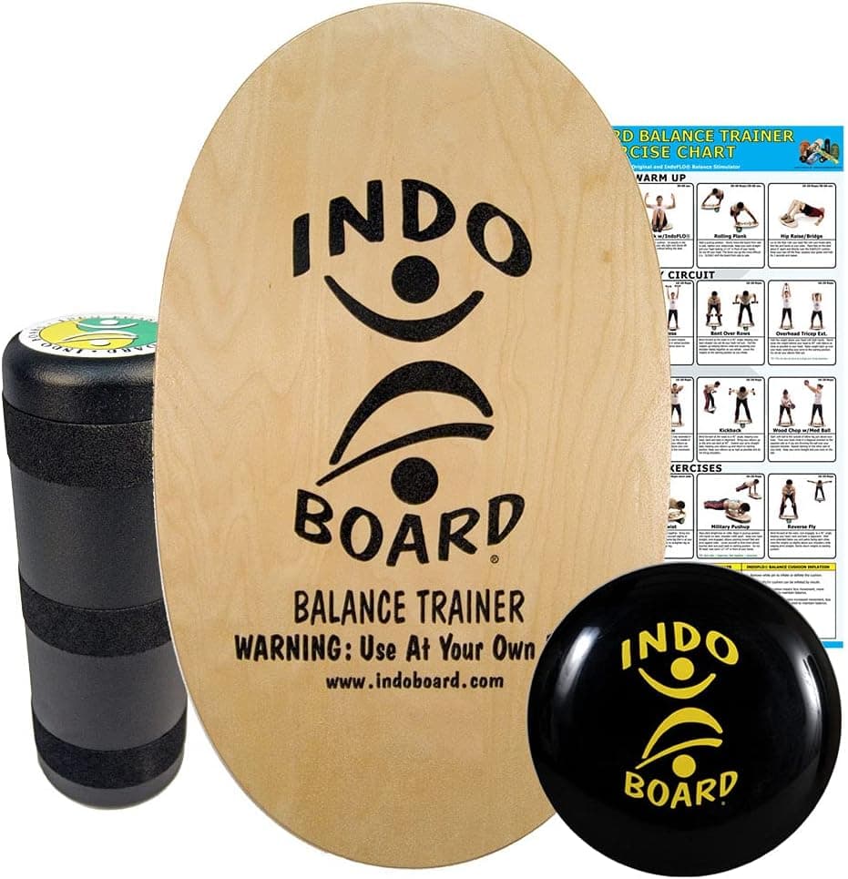 INDO BOARD Original Training Package - Balance Board for Fitness and Fun - Comes with 30" X 18" Deck, 6.5" Roller, 14" IndoFLO Cushion and An Exercise Poster - Multiple Deck Designs Available