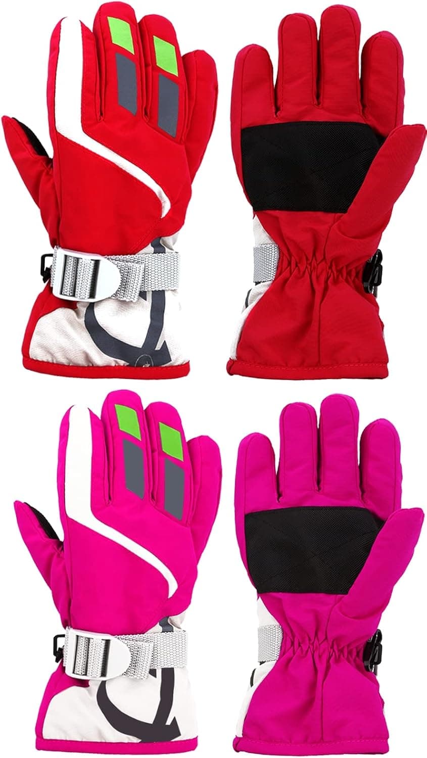 Camlinbo 2 Pairs Toddler Ski Snow Gloves Kids Winter Gloves Waterproof Warm Boys Girls Adjustable Snow Gloves 2-4Y