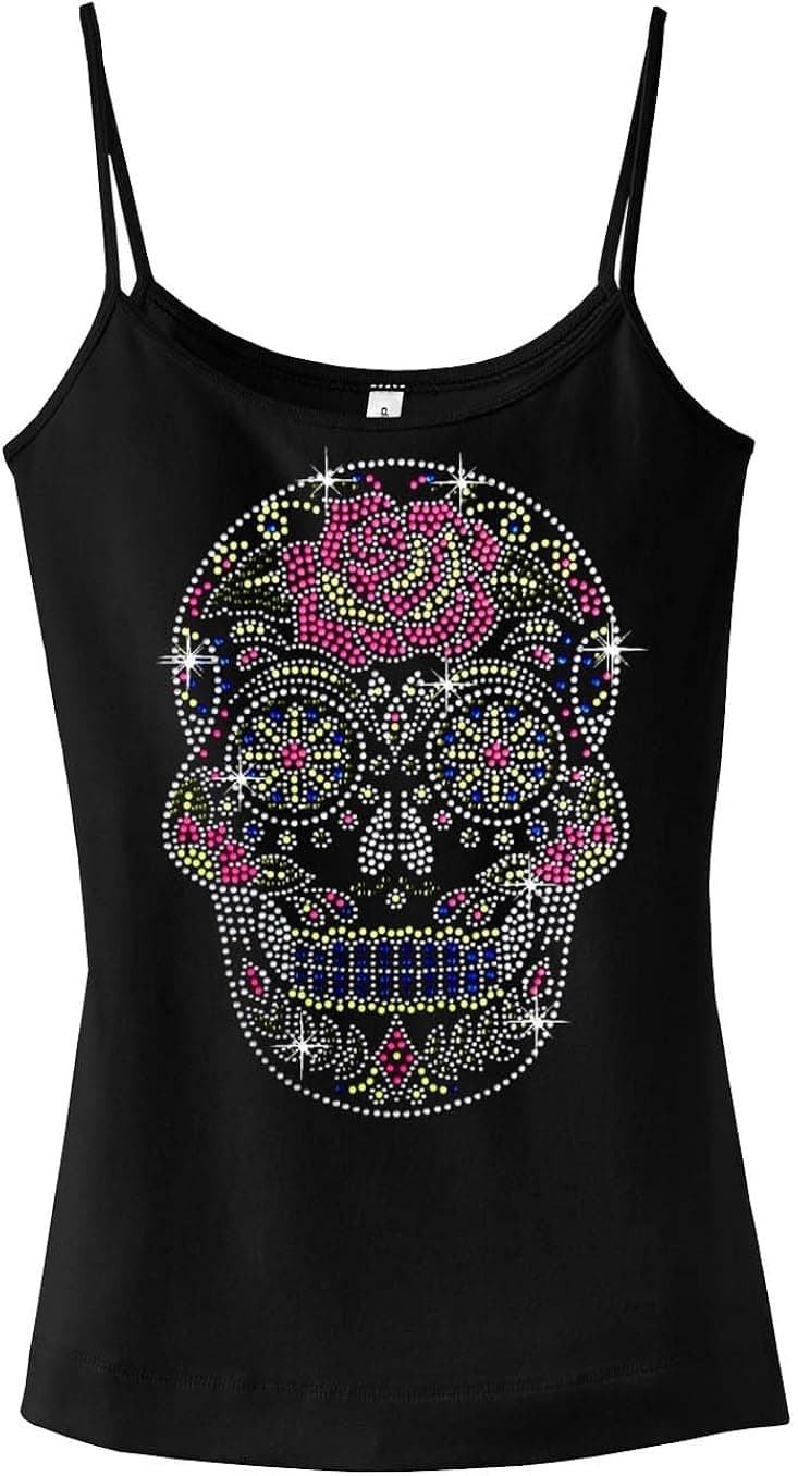 New Rhinestone Sugar Skull Tank Top Spaghetti Straps Black S-3XL Juniors