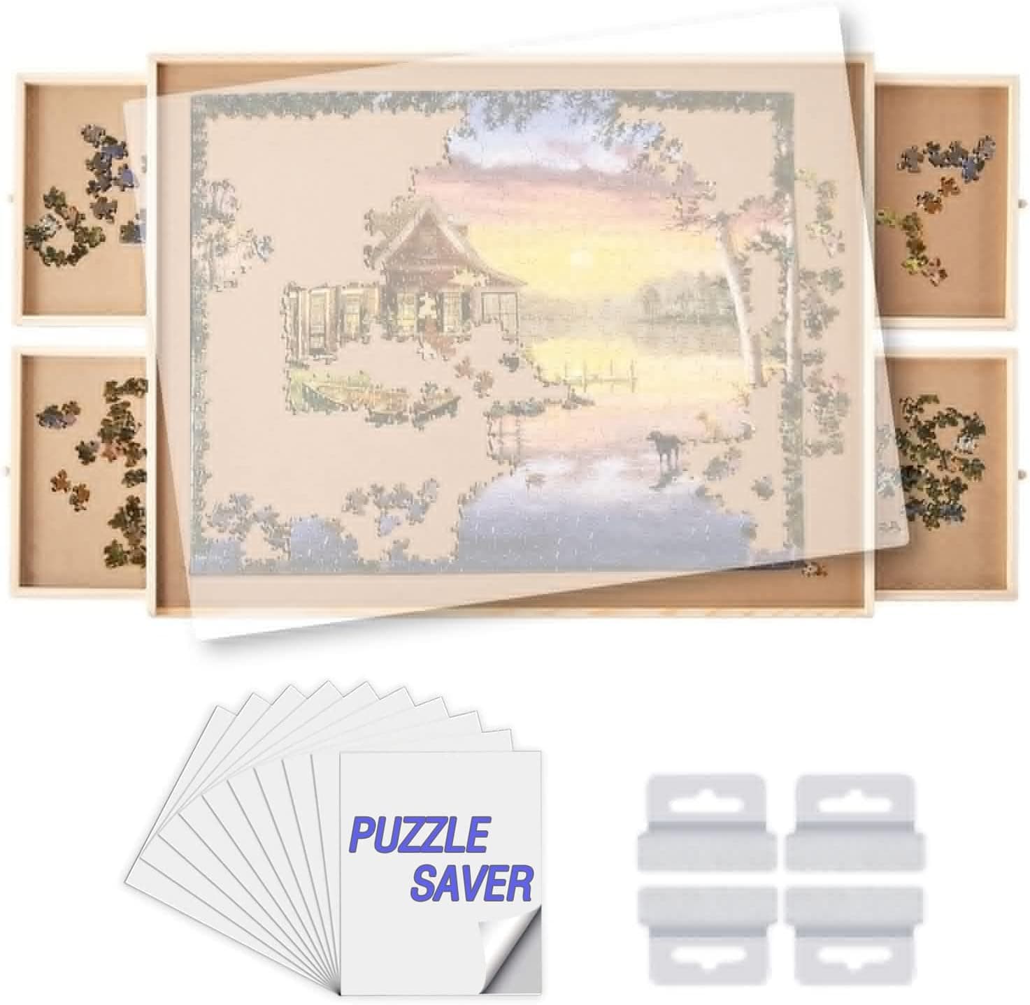 1500 Piece Puzzle Board, Puzzle Table with 4 Storage and Sorting Drawers, 1 Protective Cover, 10 Glue Sheet & 4 Hangers, Puzzle Board, Wooden Jigsaw Puzzle Table, Puzzle Tables for Adults.