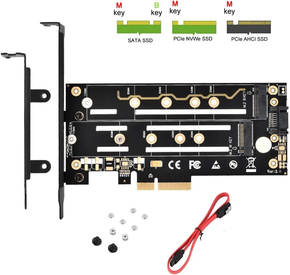 ELUTENG Dual M.2 PCIE Adapter M Key or B Key PCI-E 3.0 4X NVMe M.2 NGFF SATA SSD Card with Heat Sink and SATA III Cable for 2230 2242 2260 2280 or 22110 DIY PC