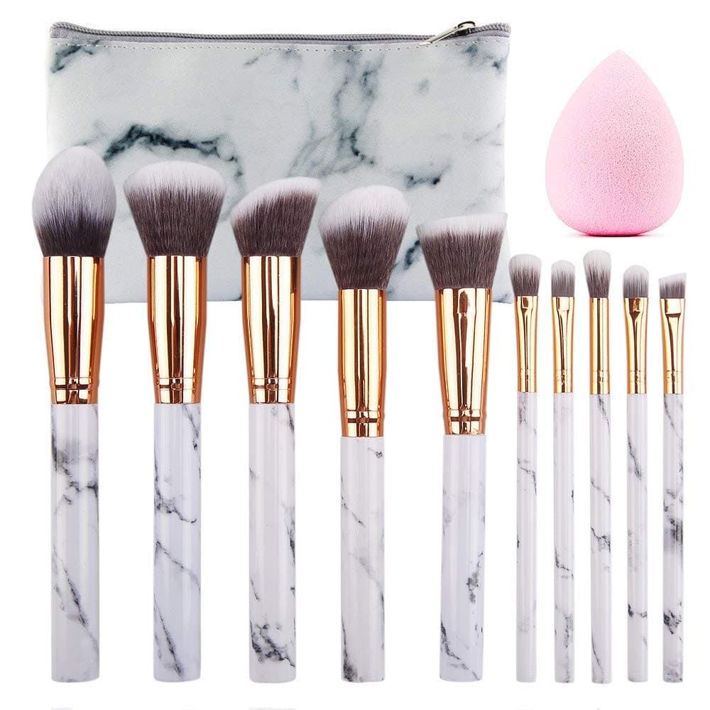 SEPROFE Makeup Brushes Set Professional 10pcs Marble Make Up Brushes Set Foundation Face Powder Concealer Eyeshadow Eyebrow Contour Highlighter with Beauty Blender Sponge and Organizer Travel Case