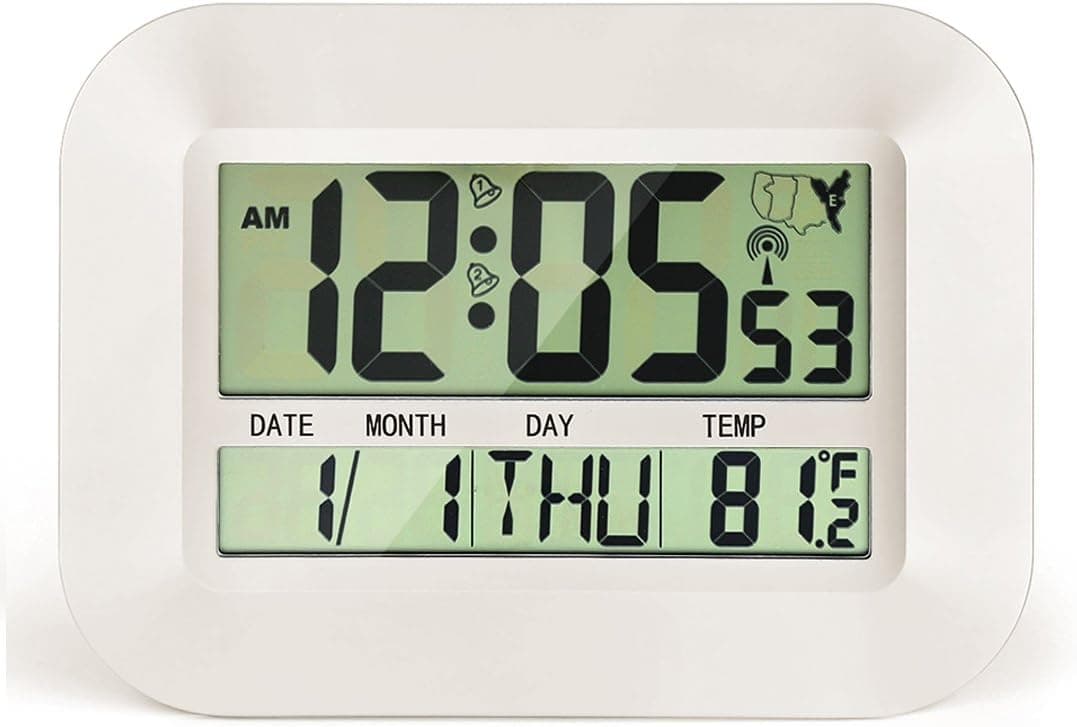 CIGERA 11" Atomic Digital Clock with Dual Alarms,Time Zones,DST Time,Calendar and Indoor Temperature,Can be Wall Clock or Desk Clock (White)