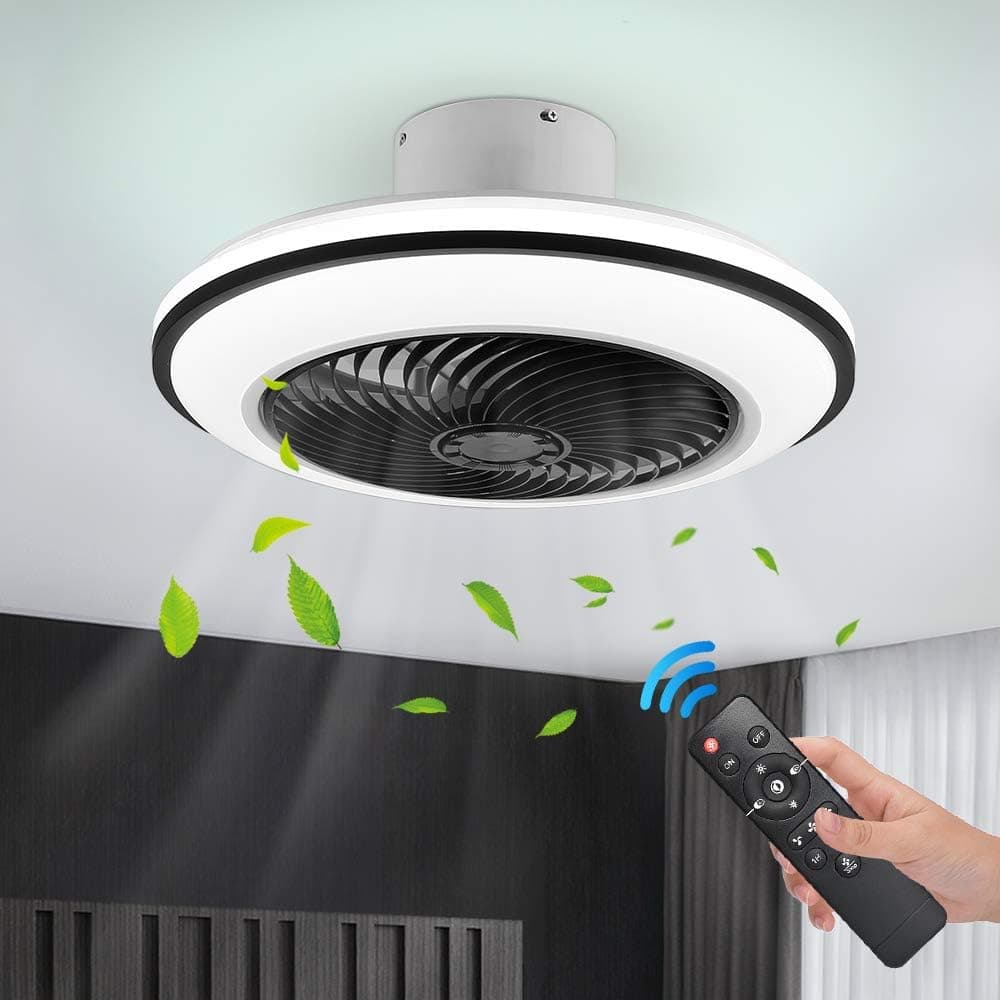 IYUNXI LED Modern Ceiling Fan with Lights,Flush Mount Dimmable Black Fan with Remote Control,Enclosed 72W 3-Color Speed Low Profile Ceiling Fan for Bedroom Living Room