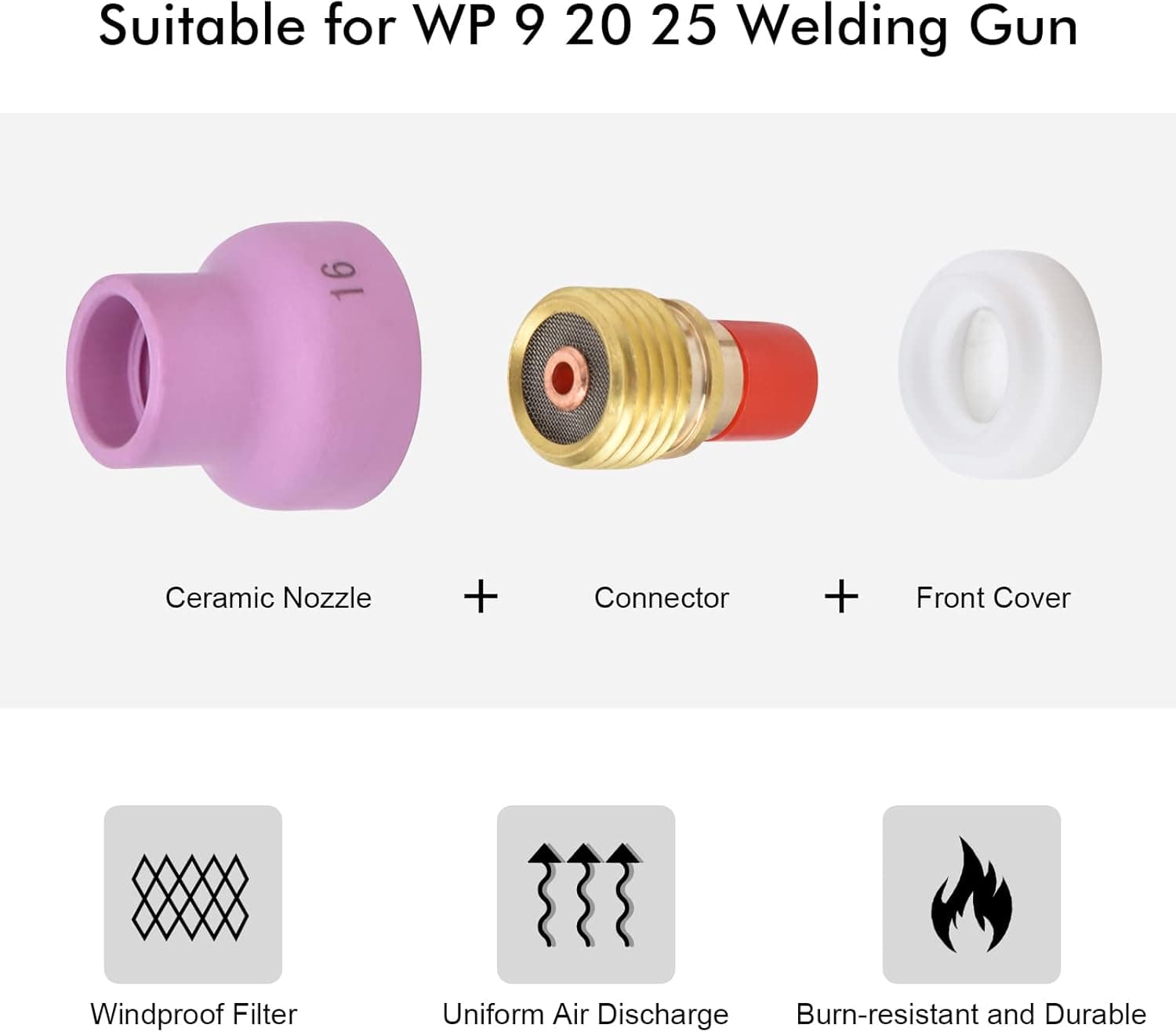 Tig Welding Accessories, 7Pcs TIG Welding Torch Accessories Kit TIG Gas Lens Kit Ceramic Nozzle +Electrode Holder+PTFE Front Cover(2.4mm) +Connector,for Welding Torch WP 9 20 25