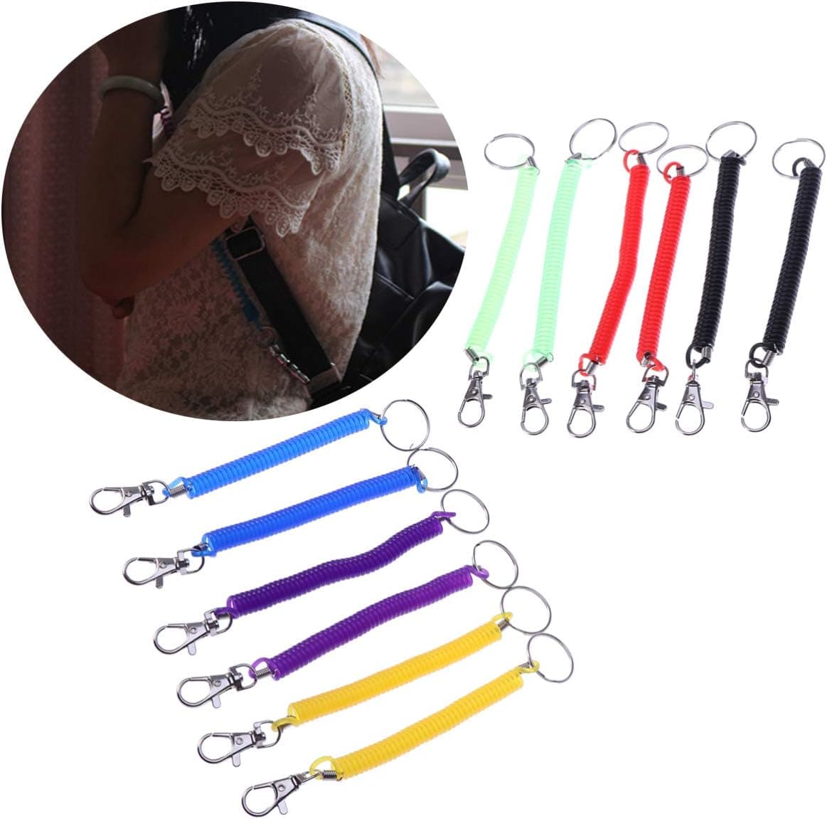 VORCOOL 12PCS Spiral Spring Keyring Stretchy Spiral Retractable Keychain Colourful Plastic Keyholder with Metal Belt Clip