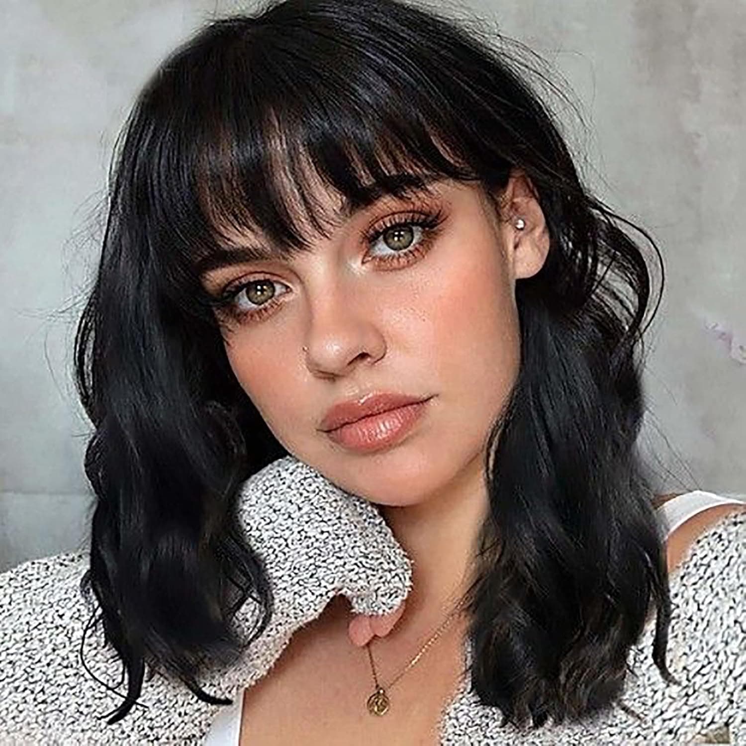 RuiYok Short Black Wig with Bangs Shoulder Length Curly Wavy Wig for Women 12 Inch Heat Resistant Synthetic Fiber Hair for Girl Costume Wigs