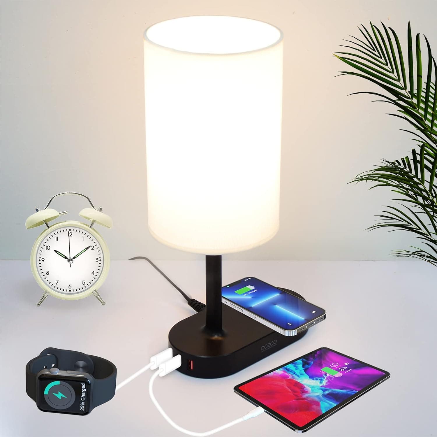 cozoo Bedside Table Lamp with Wireless Charger,LED Bedroom Lamps with 3 USB Charging Ports,Small Modern Nightstand Lamps for Bedroom, Black Charging Station Base LED Light with White Fabric Shade