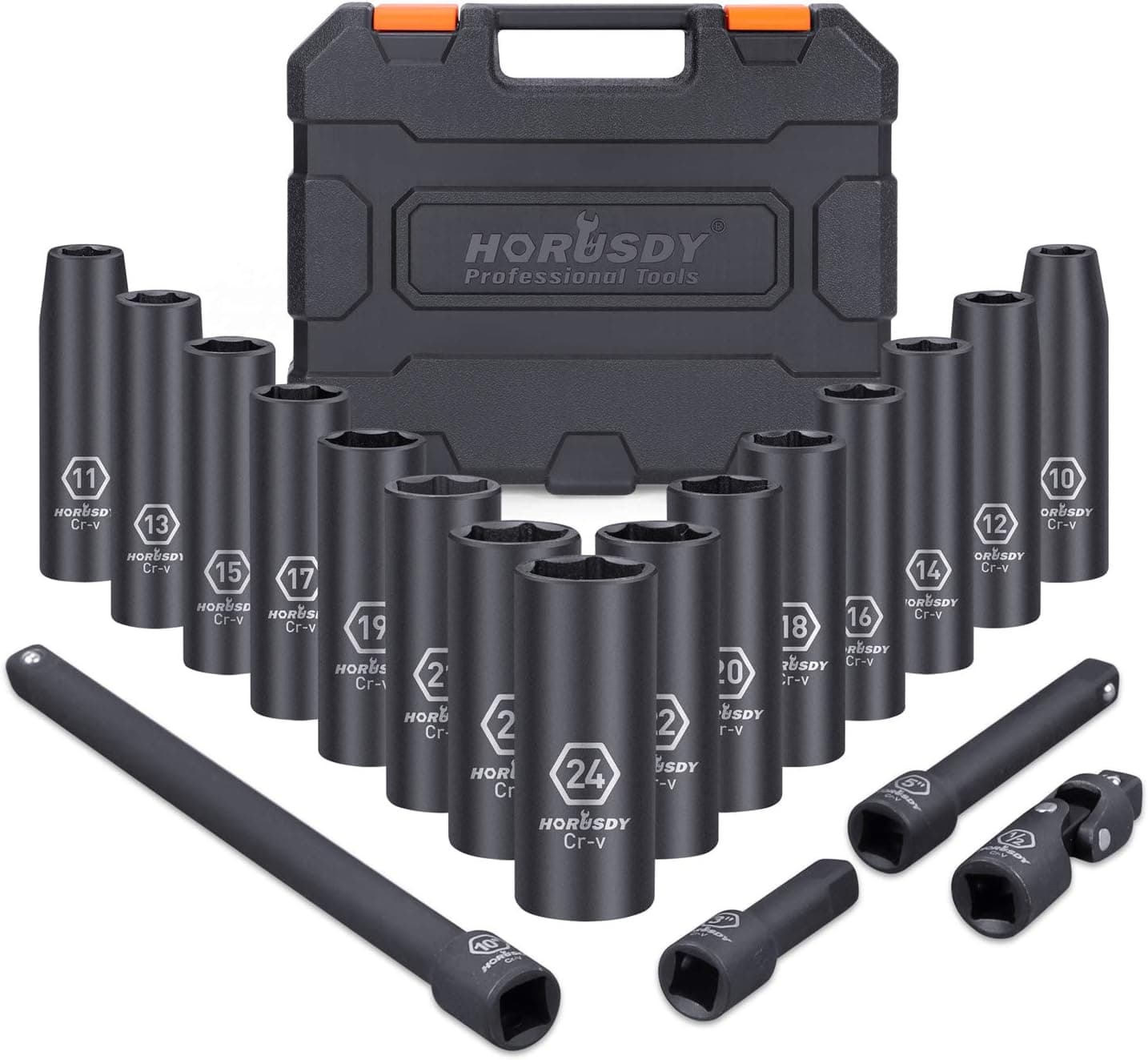HORUSDY 1/2" Impact Socket Set, 19-Piece 6 Point Impact Set,Metric (10mm - 24mm) Standard Impact Socket Set, Cr-V, Deep Socket Set 1/2 Drive