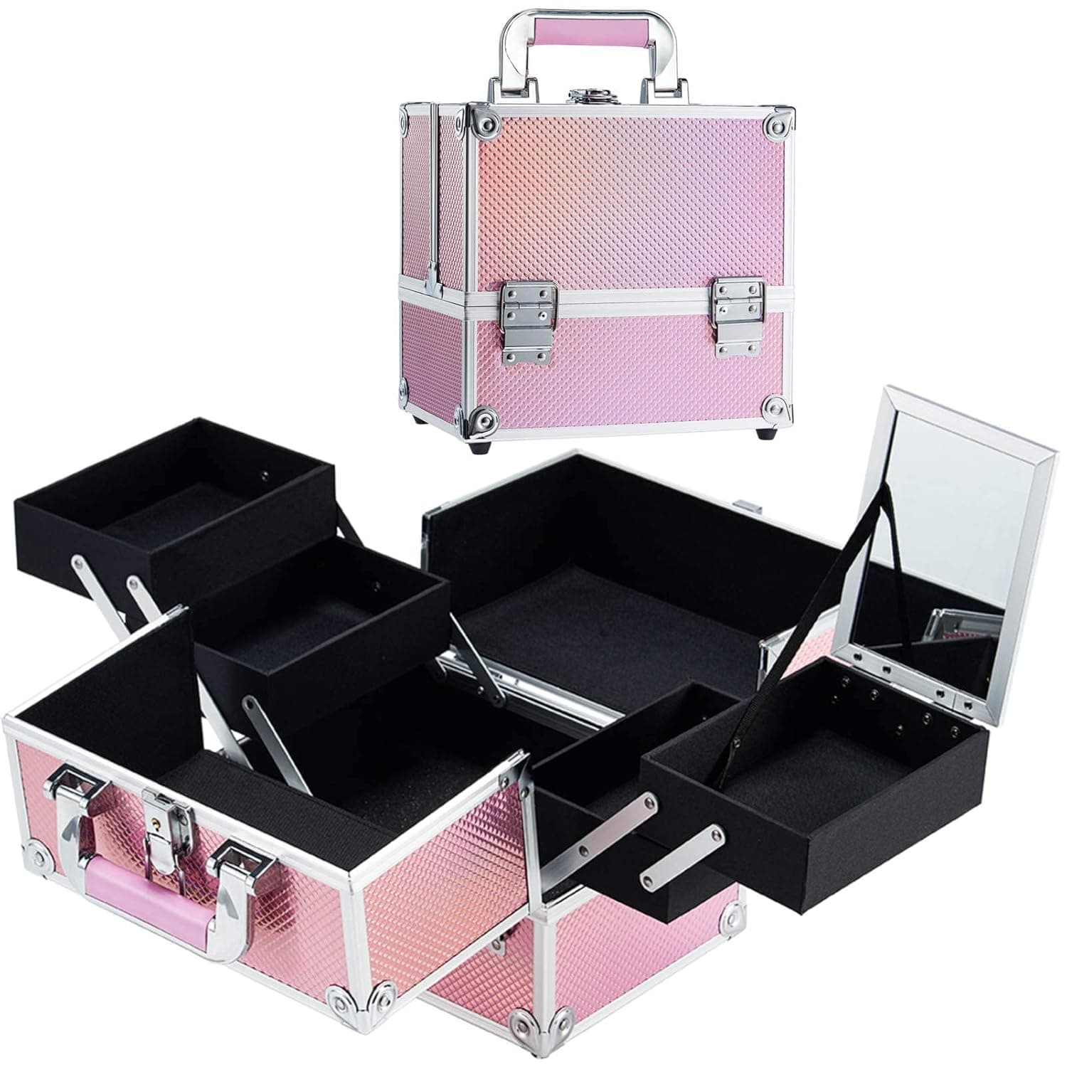 Stagiant Makeup Train Case for Girls Nail Polish Organized Cosmetic Box Jewelry Organizer Lockable with Keys 4 Tier Trays Carrying with Pink Handle Makeup Storage Box - Pink Mermaid
