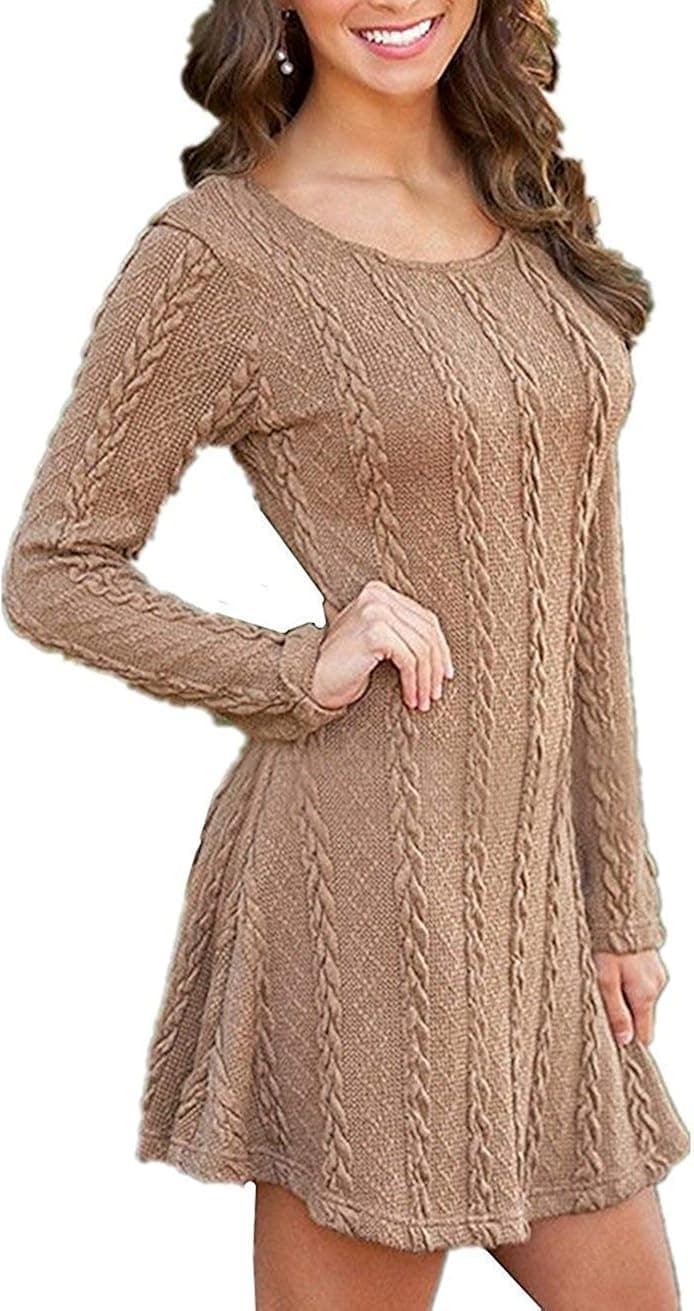 Cocrao Womens Tunic Sweater Dress Long Sleeve Crewneck Cable Knitted Pullover Plus Size