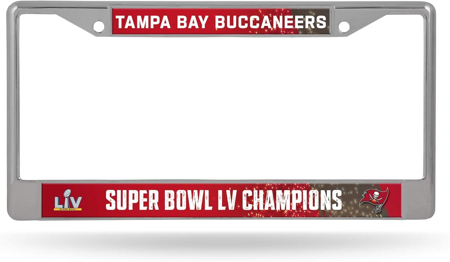 Rico Industries Super Bowl LV Champions Tampa Bay Buccaneers Premium 2 Hole Chrome License Plate Frame for Cars, Vans, RV’s. Show Your Team Pride at Tailgates, Parties or Around Town.