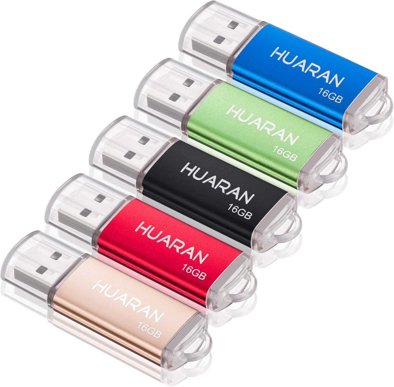 HUARAN 5 Pack 16GB USB 2.0 Flash Drive Memory Stick Thumb Drives (5 Colors: Black Blue Green Red Gold)