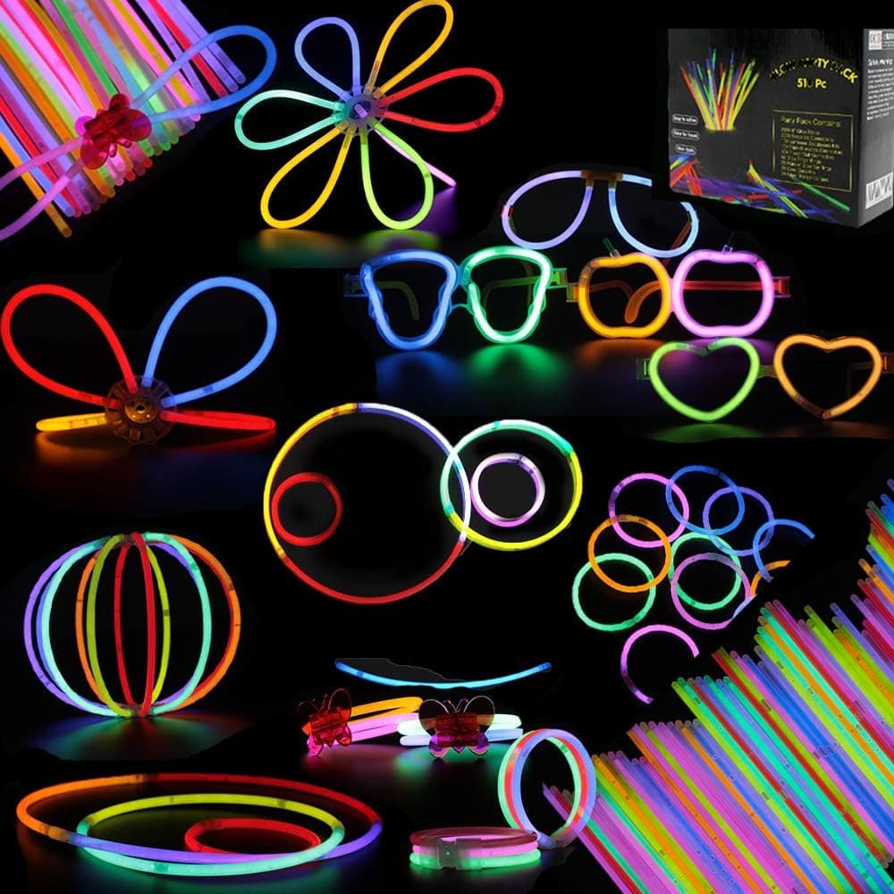 BUDI Glow Sticks, 268Pcs Glow Party Favors for Kids/Adults: 100 Glowsticks 7 Colors& Multi-Connectors for Glow Necklace, Flower Balls, Luminous/Apple/Heart Glasses and Triple/Butterfly Bracelets