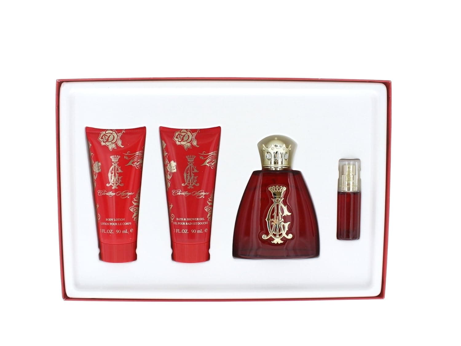 Christian Audigier for Women Fragrance Sets 3.4 oz. Eau De Parfum Spray, a 3.4 oz. Shimmering Body Lotion, a 3 oz. Bath & Shower Gel and a .25 oz. Eau De Parfum Spray mini.