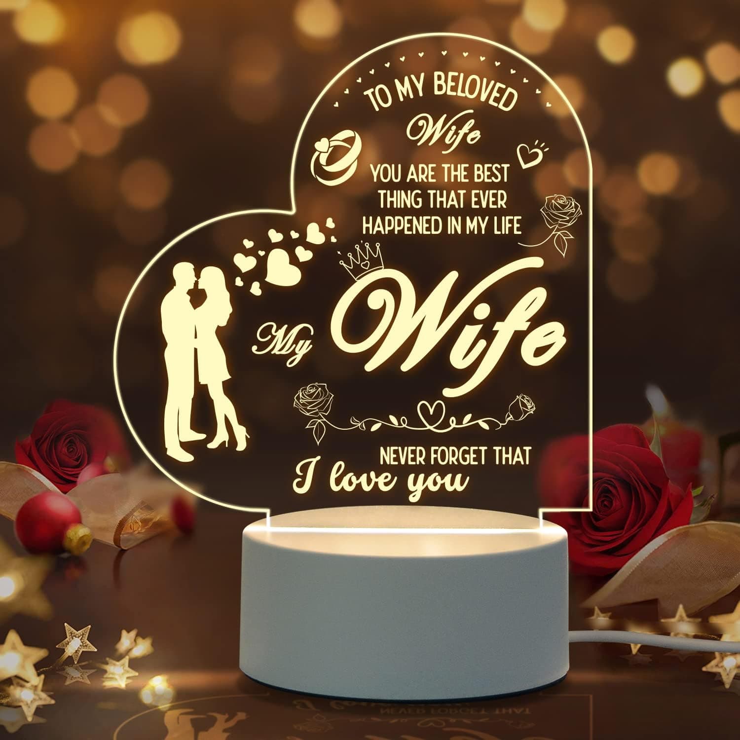 Digi4U Gifts for Her-Romantic Night Light Gifts for Wife On Valentine’s Day, Birthday, Thanksgiving, Christmas, LED Engraved Night Lamp with 3 Changed Colors for Wife’s Gifts(Heart)