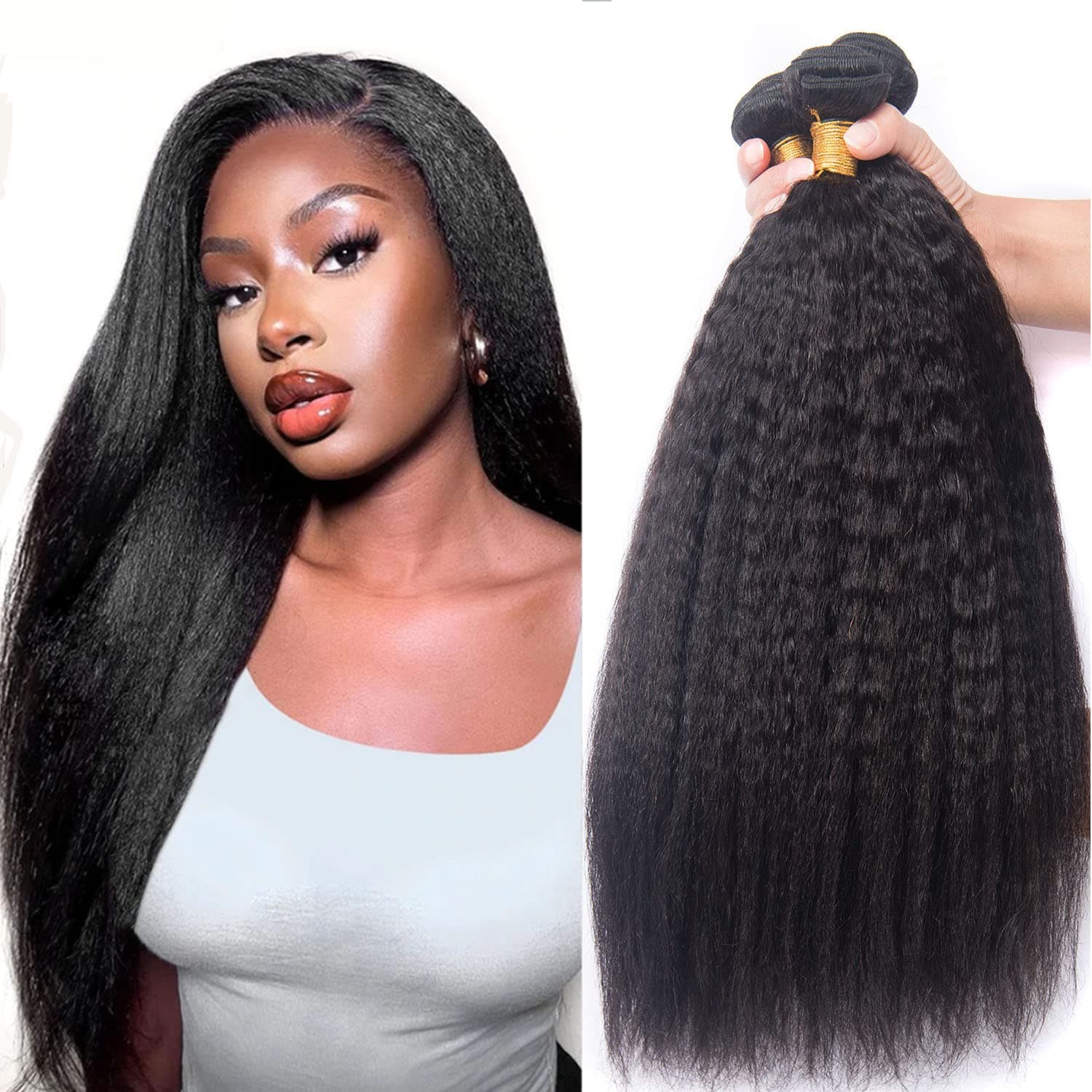 Brazilian Virgin Kinky Straight Human Hair 3 Bundles Yaki Human Hair Weave 100% Unprocessed Brazilian Virgin Remy Sew in Hair Extensions Natural Black Color (22 24 26Inch/NEW, 3 Bundles)
