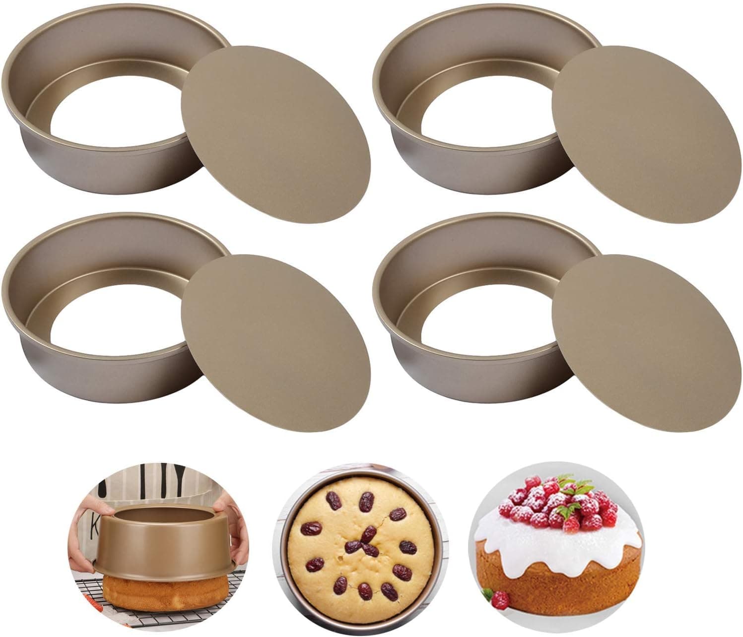 Flunyina 4inch Round Cake Pan and Baking Paper Set, 4Pcs Removable Bottom Carbon Steel Bakeware Molds and 1 Roll of Parchment Paper for Chiffon Cheesecake