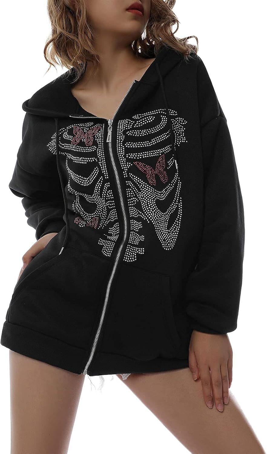 YEOU Women Y2K Portrait Print Butterfly Hoodie Crop Tops Long Sleeve Zipper Skeleton Cardigan Sweatshirt with Pocket