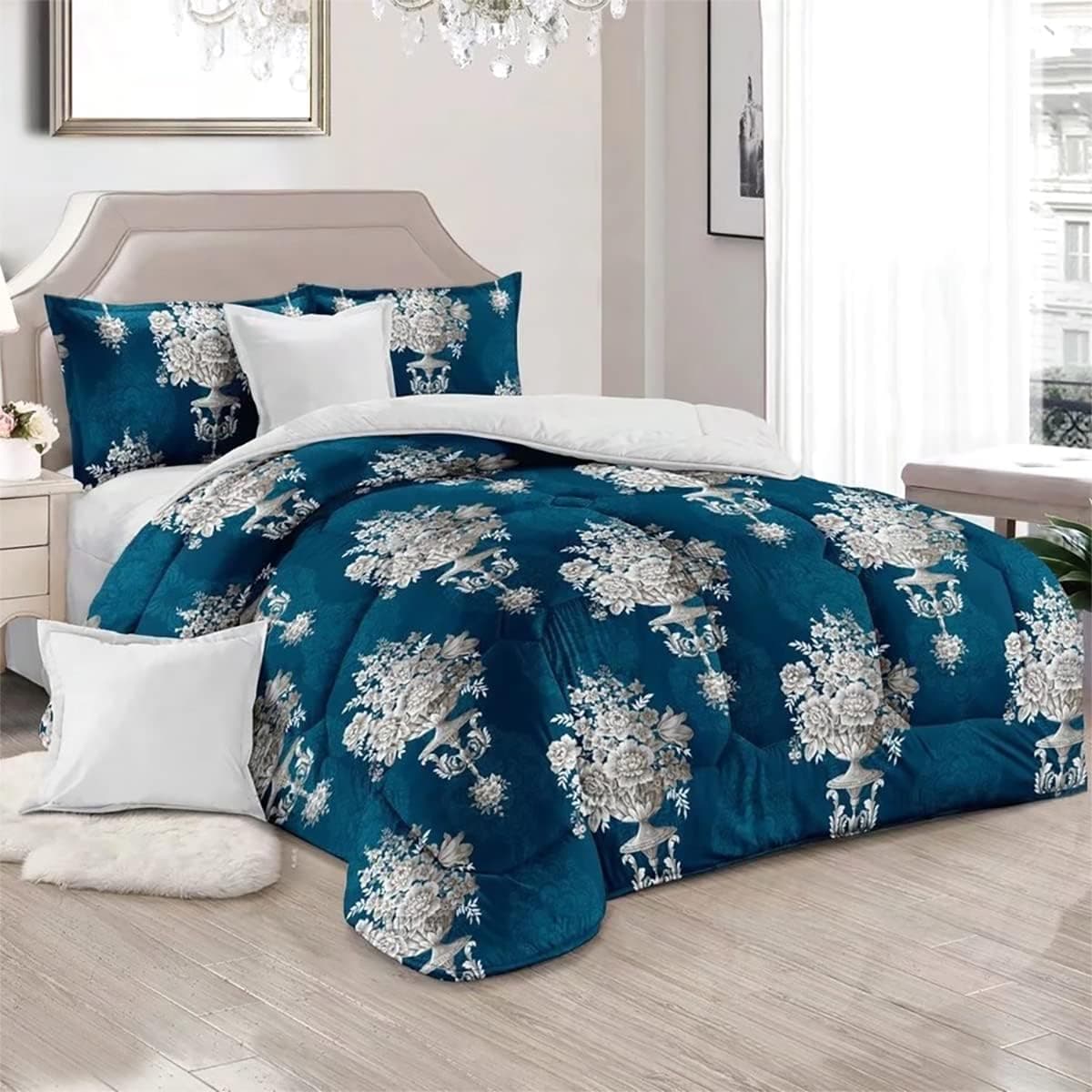 Shatex Comforter Queen Bedding Set- 3 Piece All Season Bedding Comforter Set, Ultra Soft Polyester Elegant Bedding Comforters- Navy with Silver Flower