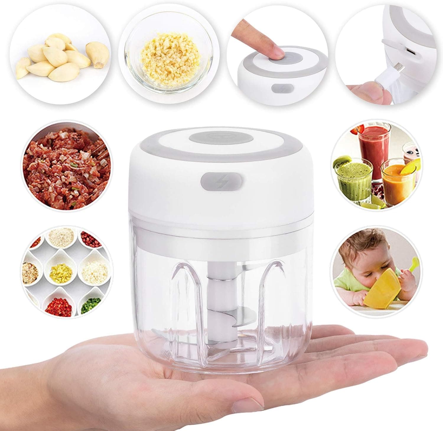 Bestylez Mini Food Processor - Cordless Palm sized Mini Food Chopper for Garlic, Vegetable/Veggie, Onion, Meat - Electric Mini Garlic Chopper (8.5oz/250ml, White)