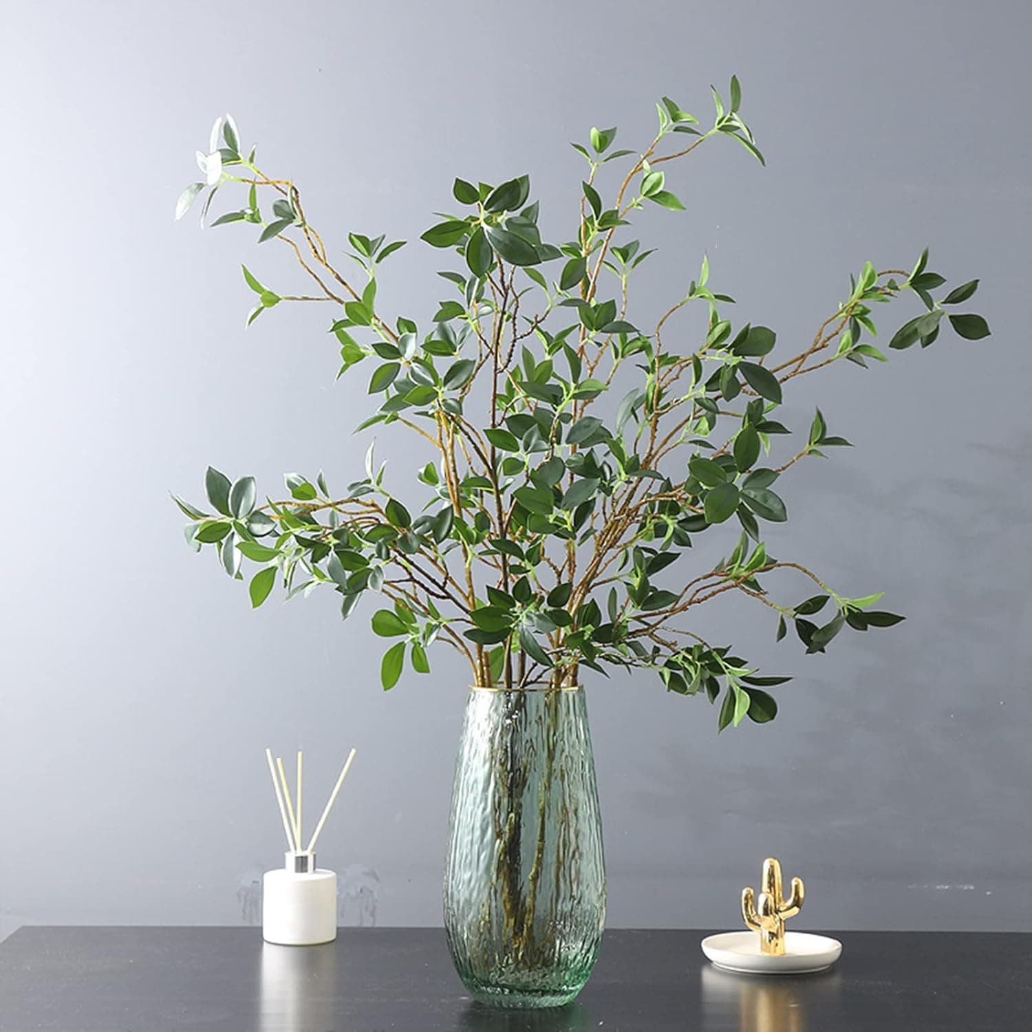 Pectt 3 Pcs Artificial Ficus Branches Leaf Spray, Faux Greenery Long Stems 44.5 Tall Ficus Twig Fake Plastic Plant for Floral Arrangements Home Office Decor Vase Filler, 113cm