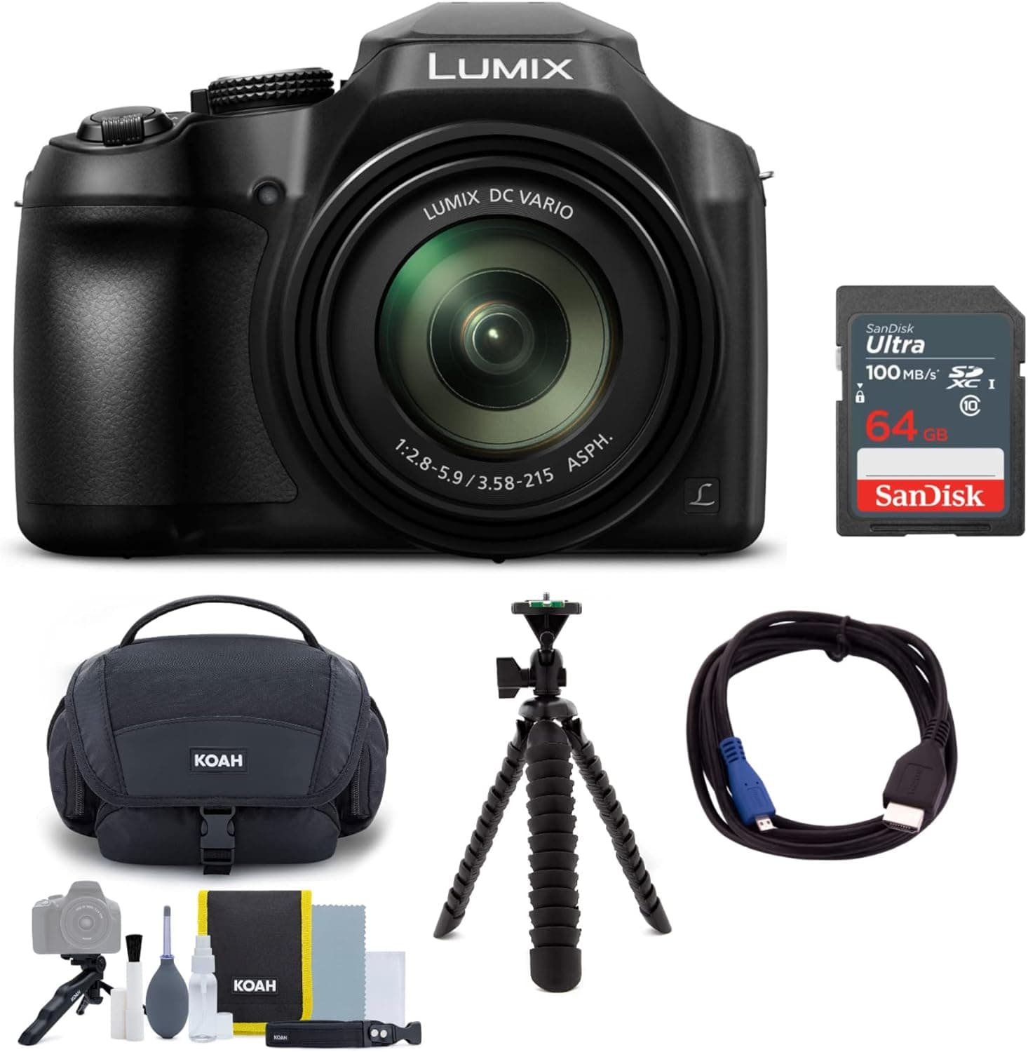 Panasonic LUMIX FZ80 4K Long Zoom Camera (18.1 Megapixels, 60X 20-1200mm Lens) Bundle with 64GB Memory Card, Camera System Gadget Bag with Accessory and Cleaning Kit, Tripod, and Cable (5 Items)