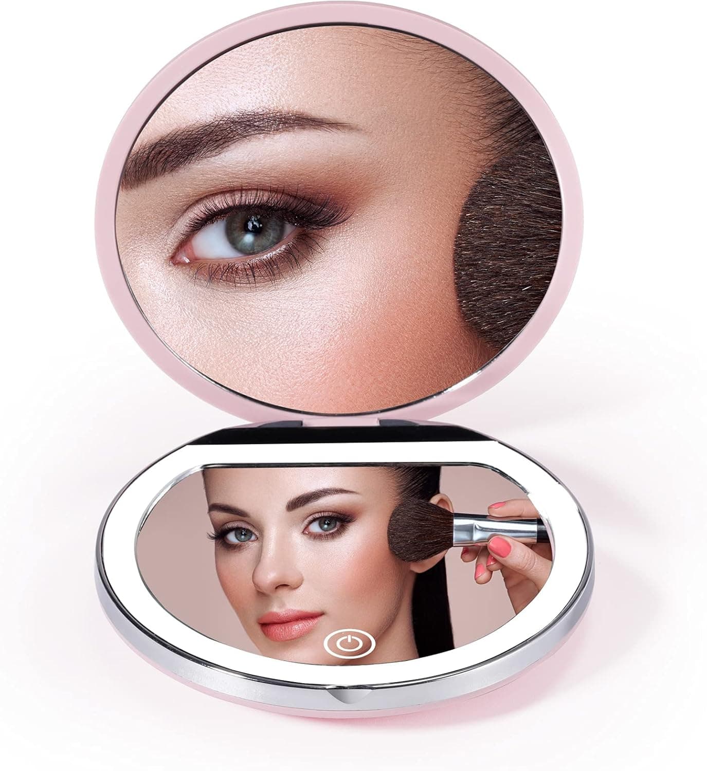kailund LED Compact Mirror, USB Rechargeable Travel Mirror with LED Light, 1x/3x Handheld Pocket Mirror for Makeup, Touch Stepless Dimming(Pink)