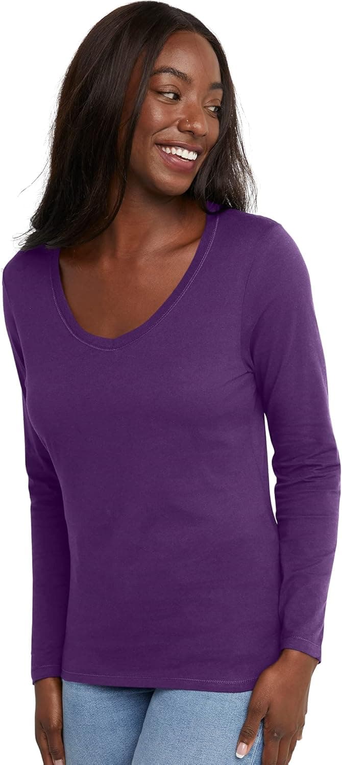 Hanes Originals Women’s Long Sleeve Cotton V-Neck T-Shirt, Lightweight V-Neck Tee, Modern Fit