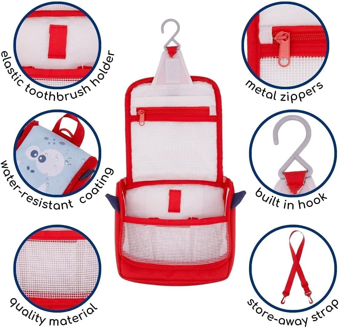 IntiMom Kids Toiletry Bag Cute Kids Wash Bag for Overnight Supplies. Comfortable in Kids Hands or Shoulders with Built-in Straps & Hook. For Sleepovers, Vacations, or a Visit to Grandparents.
