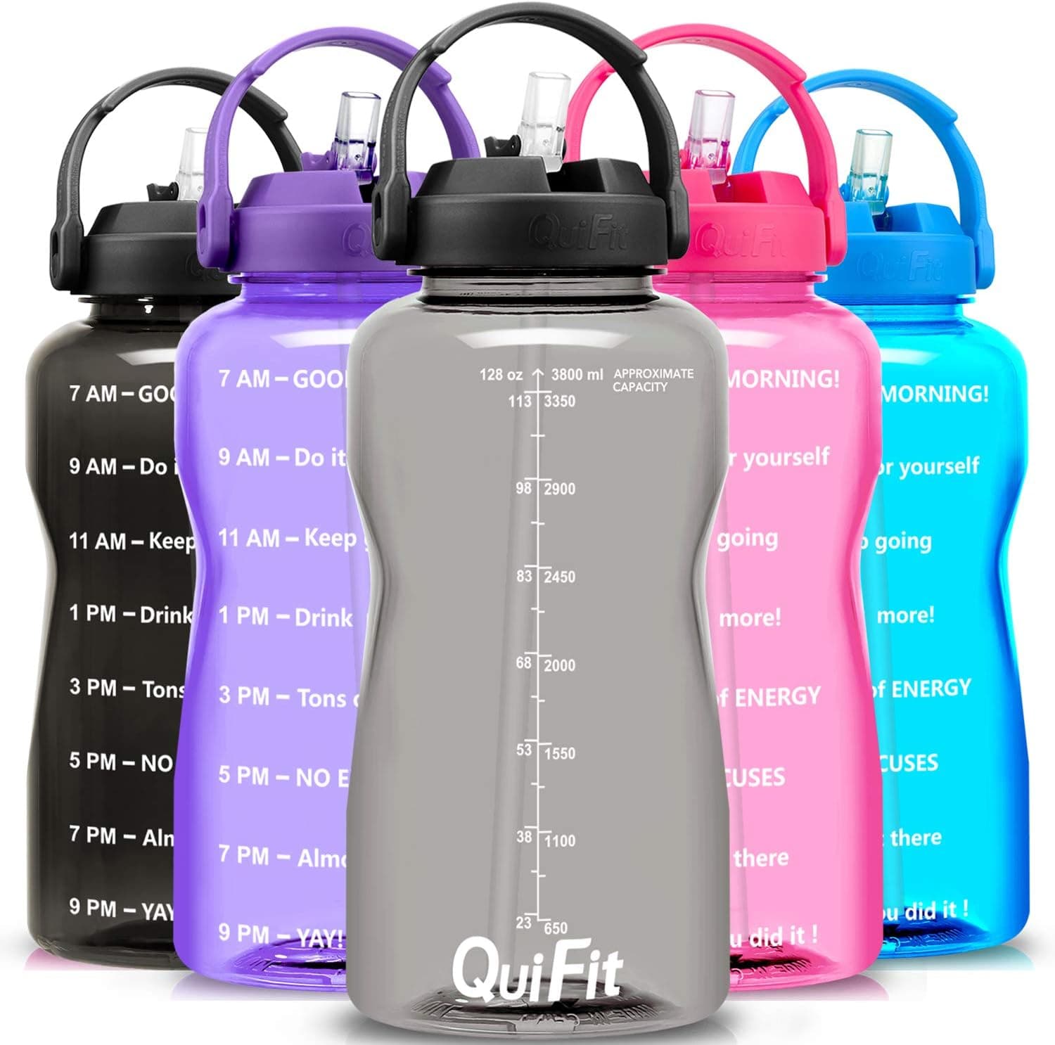QuiFit Motivational Gallon Water Bottle - with Straw & Time Marker BPA Free 128 oz Large Water Jug Leak-Proof Durable for Fitness Outdoor Enthusiasts(Grey,1 Gallon)