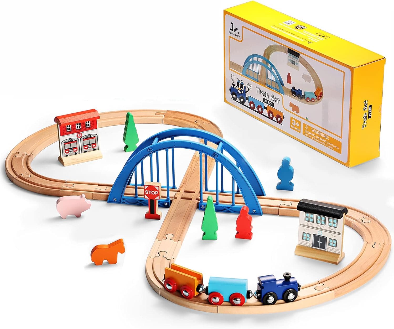SainSmart Jr. Wooden Train Set 34pcs Figure 8 for Toddlers Kids with Train Tracks Bridge Fits Brio, Thomas, Melissa and Doug, Chuggington Wood Toy Train for 3 4 5 Years Old Boys and Girls