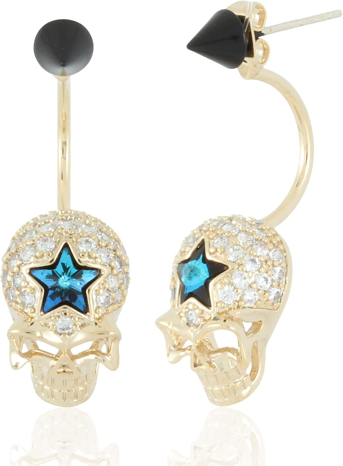 Gold Tone Punk Rock Sugar Skull Skeletons Earrings with Star Swarovski Crystal by Lovey Lovey (Blue)