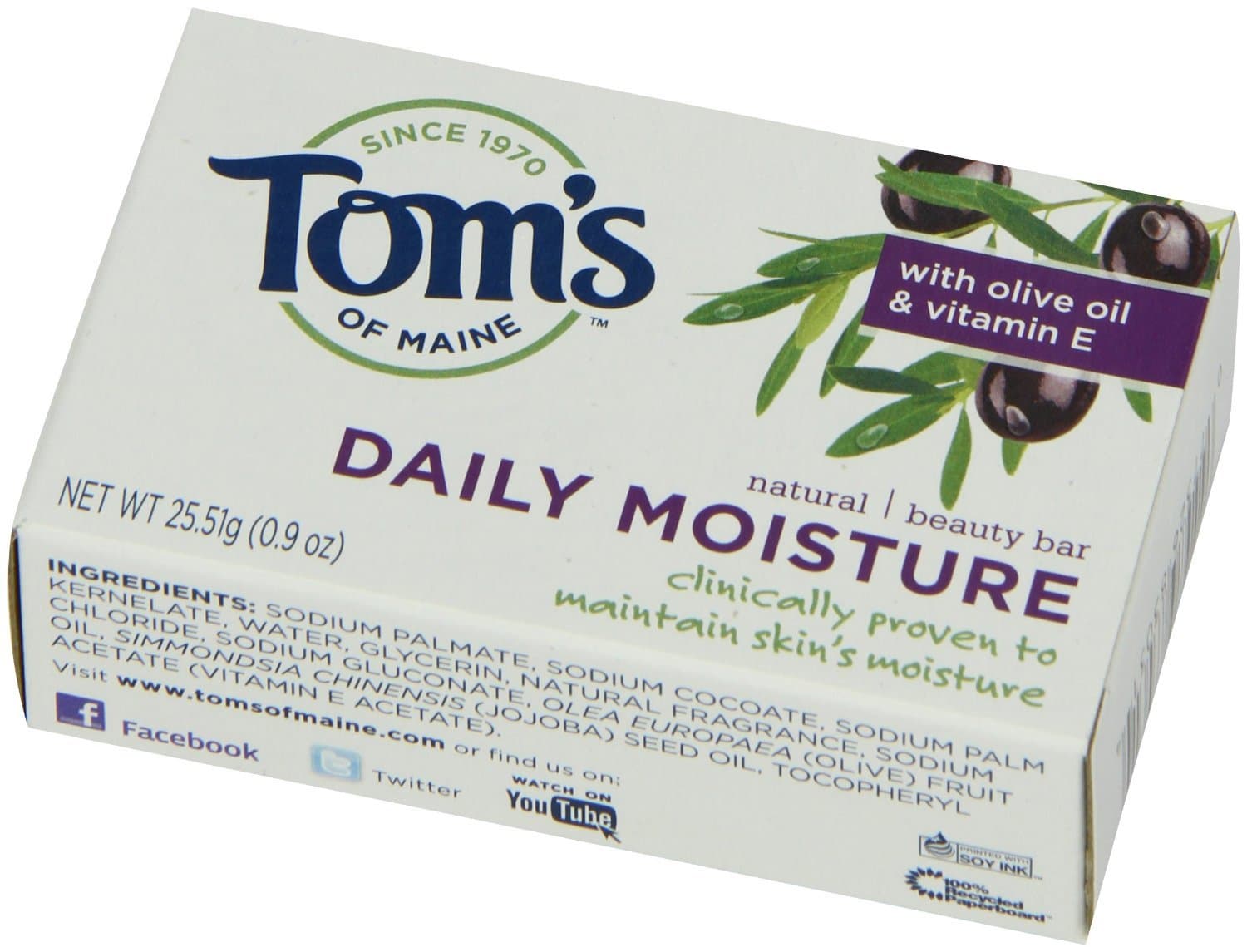 Tom's of Maine 683031 Moisture Bar Daily Soap, 0.9 Ounce, Travel Size, 72 Count